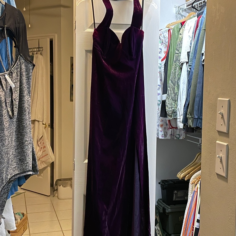 Vintage Rampage Deep Purple Velvet Halter Maxi Gown with Front Left Slit